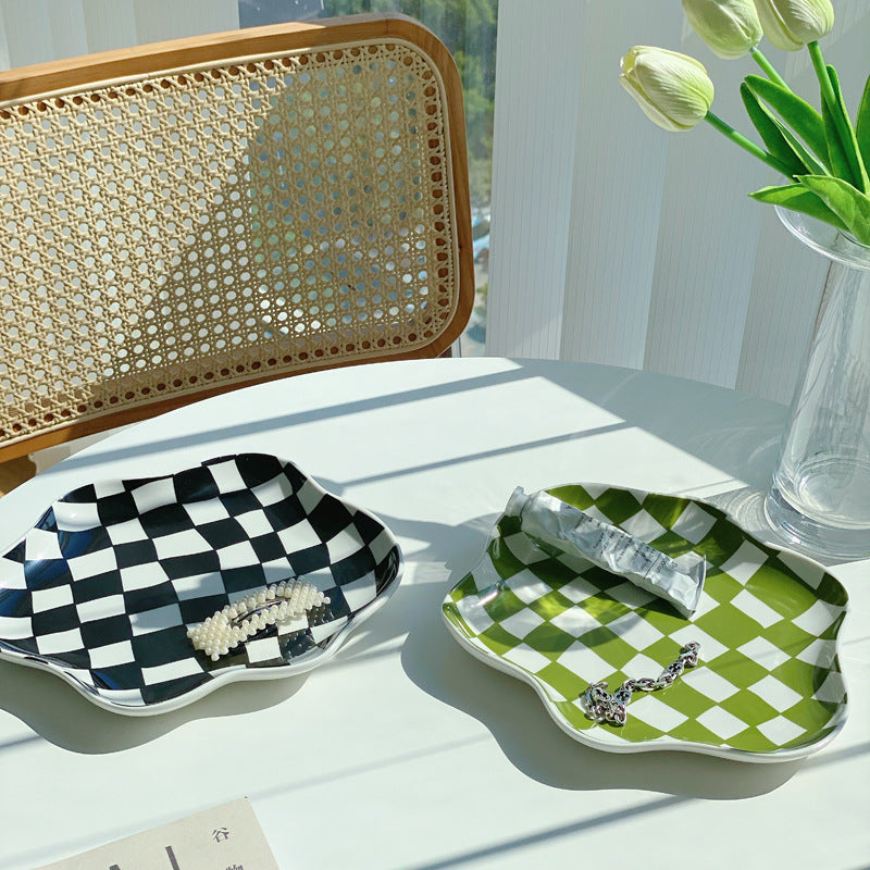 Chessboard Lattice Ceramic Plate Storage Tray Decoration Dessert Plate