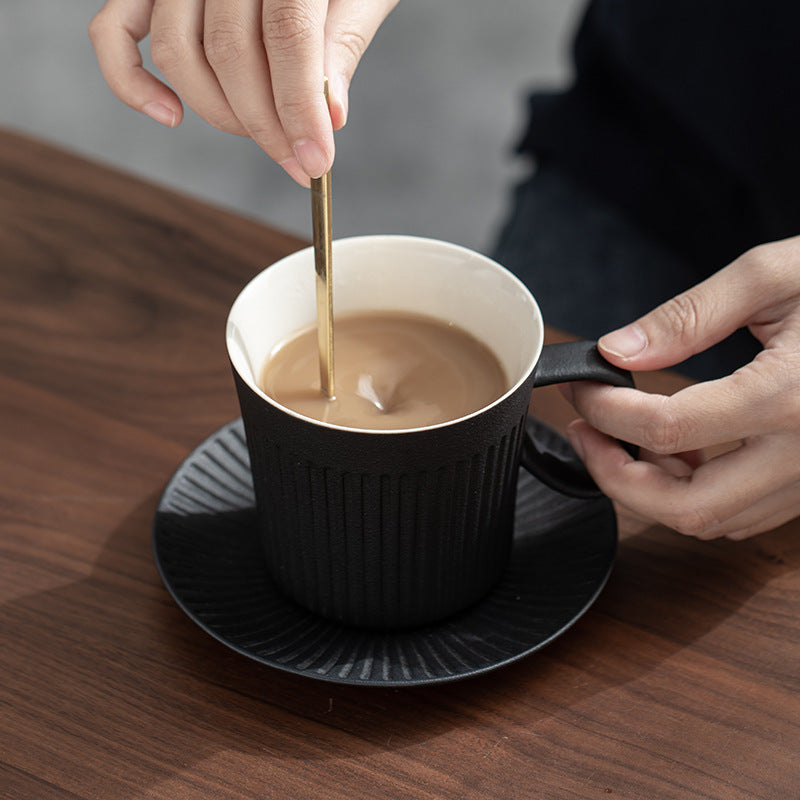 Japanese Green Vertical Grain Coffee Ceramic Mug With Bottom Plate