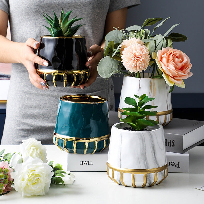 Succulent Flower Pot Golden Edge Home Decoration Wind Marbling Gift Ceramic