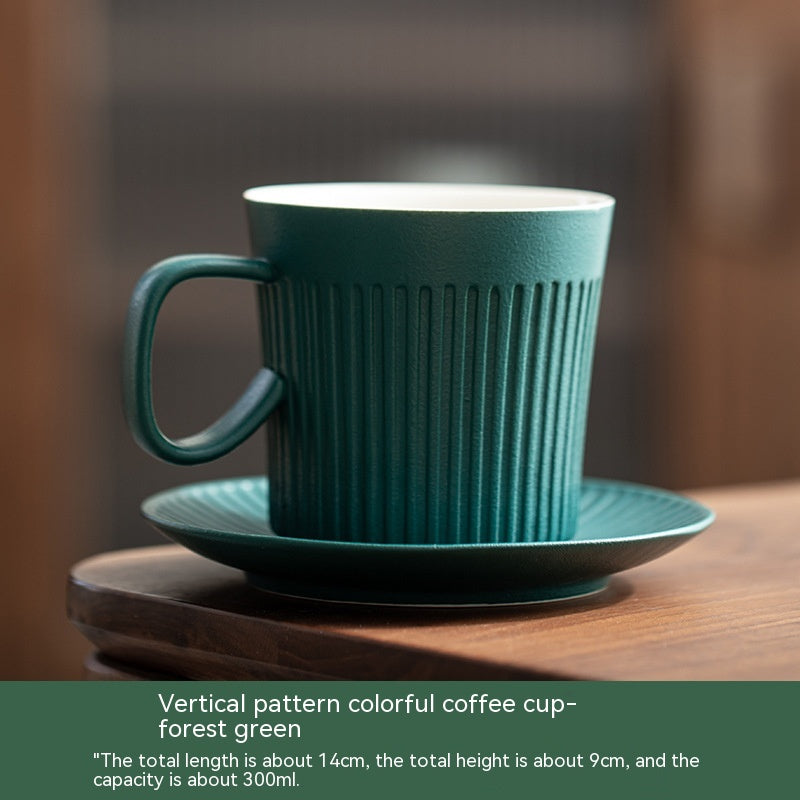 Japanese Green Vertical Grain Coffee Ceramic Mug With Bottom Plate