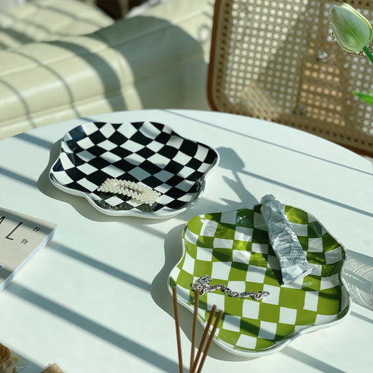 Chessboard Lattice Ceramic Plate Storage Tray Decoration Dessert Plate