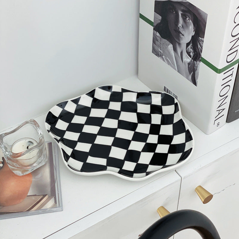 Chessboard Lattice Ceramic Plate Storage Tray Decoration Dessert Plate