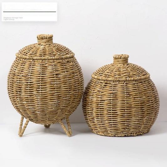 Hand-woven Plant Basket Oval Pumpkin Desktop Sundries With Lid Storage