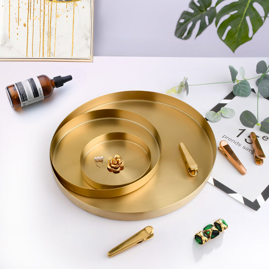 Golden, Round Stainless Steel Plate Household Jewelry Storage Tray