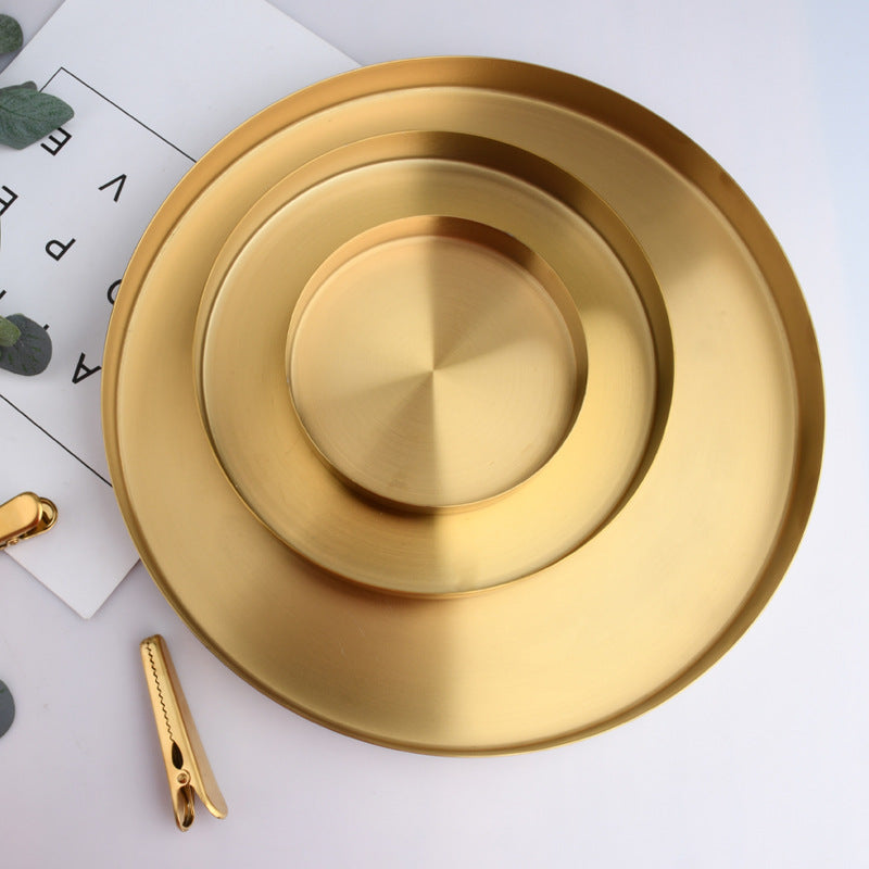 Golden, Round Stainless Steel Plate Household Jewelry Storage Tray
