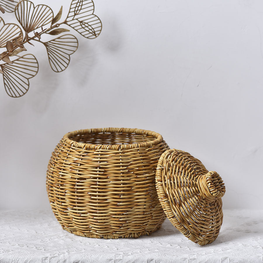 Hand-woven Plant Basket Oval Pumpkin Desktop Sundries With Lid Storage
